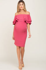 Magenta Off Shoulder Fitted Maternity Dress