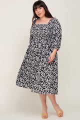 Black Floral Square Neck Smocked Short Sleeve Maternity Plus Midi Dress