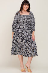 Black Floral Square Neck Smocked Short Sleeve Plus Midi Dress