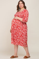 Red Floral Square Neck Smocked Short Sleeve Maternity Plus Midi Dress