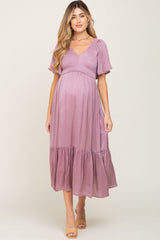 Mauve Satin Smocked Maternity Midi Dress