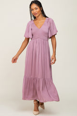 Mauve Satin Smocked Midi Dress