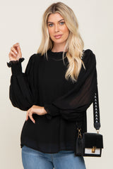 Black Chiffon Ruffle Accent Pleated Blouse