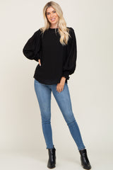 Black Chiffon Ruffle Accent Pleated Blouse