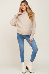 Beige Knit Mock Neck Long Sleeve Maternity Sweater