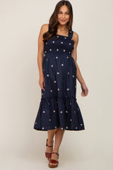 Navy Blue Sleeveless Floral Embroidered Maternity Midi Dress