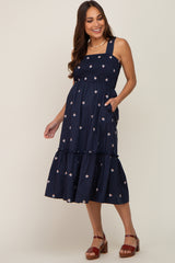 Navy Blue Sleeveless Floral Embroidered Maternity Midi Dress