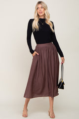 Brown Gathered Maternity Midi Skirt