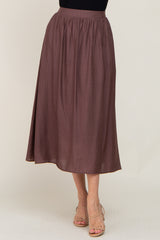 Brown Gathered Midi Skirt