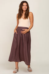 Brown Gathered Maternity Midi Skirt