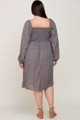 Grey Floral Square Neck Smocked Plus Midi Dress