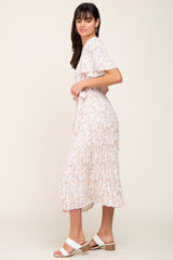 Ivory Floral Pleated Midi Dress