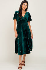 Emerald Green Velvet Embroidered Maternity Midi Dress