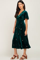 Emerald Green Velvet Embroidered Midi Dress