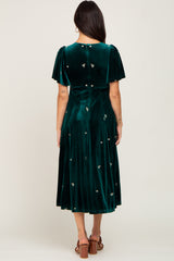 Emerald Green Velvet Embroidered Midi Dress