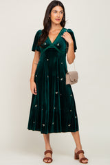 Emerald Green Velvet Embroidered Midi Dress