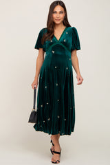 Emerald Green Velvet Embroidered Maternity Midi Dress