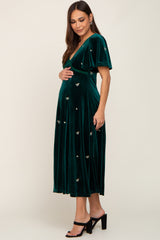 Emerald Green Velvet Embroidered Maternity Midi Dress