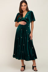 Emerald Green Velvet Embroidered Maternity Midi Dress