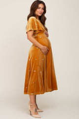 Gold Velvet Embroidered Maternity Midi Dress