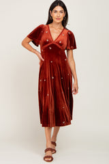 Rust Velvet Embroidered Midi Dress