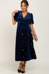 Navy Velvet Embroidered Maternity Midi Dress