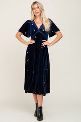 Navy Velvet Embroidered Midi Dress