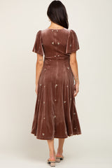 Mocha Velvet Embroidered Midi Dress