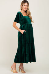 Hunter Green Velvet Tiered Maternity Maxi Dress