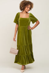 Green Velvet Tiered Maternity Maxi Dress