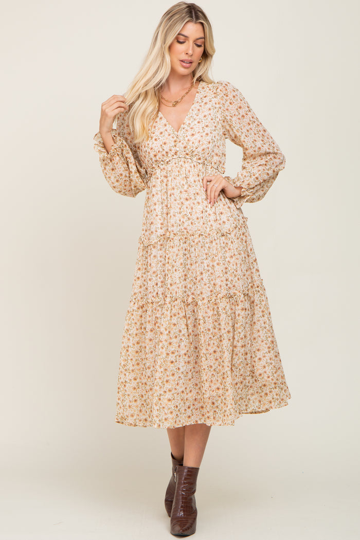 Cream Floral Ruffle Tiered Maternity Midi Dress
