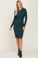 Hunter Green Ribbed Ruched Wrap Dress