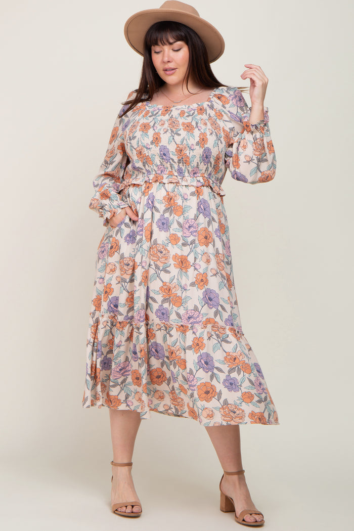 Taupe Multi-Color Floral Plus Maternity Midi Dress