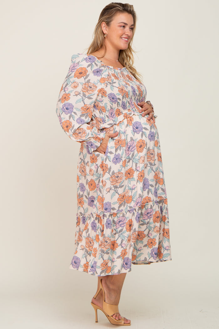 Taupe Multi-Color Floral Plus Maternity Midi Dress