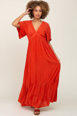 Rust V-Neck Flounce Sleeve Maxi Dress