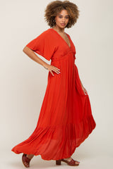 Rust V-Neck Flounce Sleeve Maxi Dress