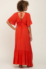 Rust V-Neck Flounce Sleeve Maxi Dress