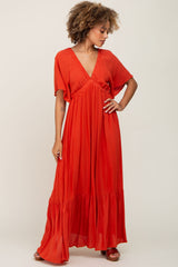 Rust V-Neck Flounce Sleeve Maxi Dress