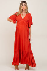 Rust V-Neck Flounce Sleeve Maternity Maxi Dress