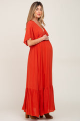 Rust V-Neck Flounce Sleeve Maternity Maxi Dress