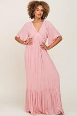 Light Pink V-Neck Flounce Sleeve Maternity Maxi Dress