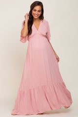 Light Pink V-Neck Flounce Sleeve Maternity Maxi Dress