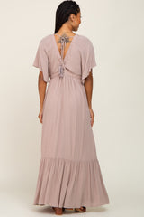 Taupe V-Neck Flounce Sleeve Maxi Dress