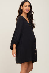 Black Button Front Balloon Sleeve Maternity Dress