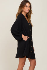 Black Button Front Balloon Sleeve Dress