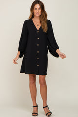 Black Button Front Balloon Sleeve Dress