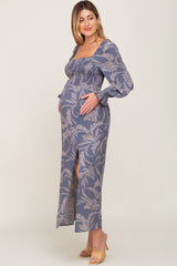 Blue Leaf Print Smocked Maternity Maxi Dress