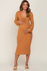 Camel Ribbed Knit Cinched Long Sleeve Maternity Midi Dress