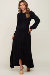 Black Twisted Long Sleeve Hi-Low Hem Maternity Maxi Dress