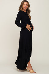 Black Twisted Long Sleeve Hi-Low Hem Maternity Maxi Dress